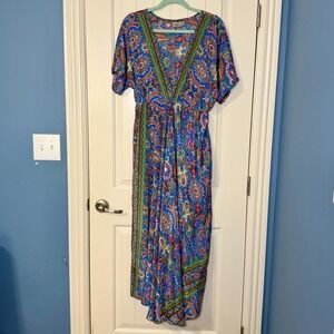 Boho Fashion 100% Silk Paisley Maxi Dress Womens Large Kaftan Resort Wear